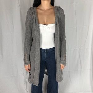 Gray Distressed Long Cardigan w/ Hood